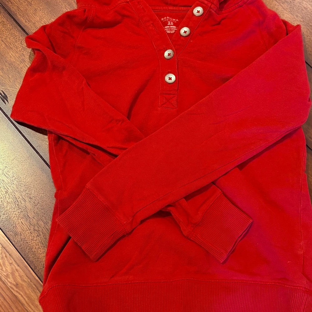 Red Hooded Sweatshirt with Button Detail